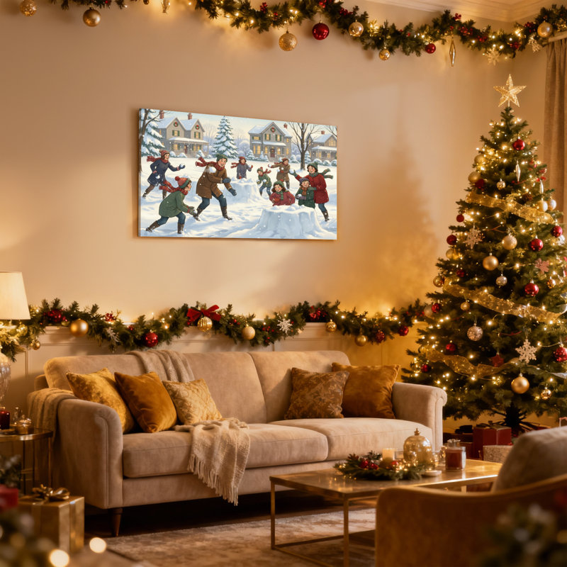 Enfants de Noël jouant dans une scène d'hiver enneigée, ensemble de 3 impressions d'art sur toile, H 12 po x l 18 po