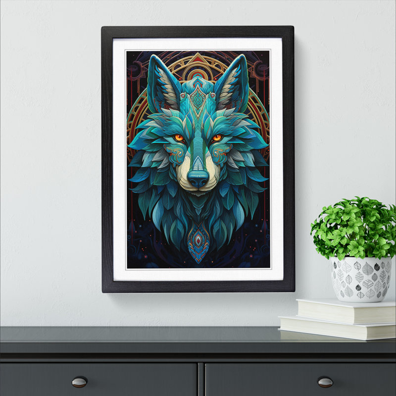 XYZ-FRM-V1223-1688 Wolf Art Deco No.2 - Single Picture Frame Print on Wood, Black, 64cm H x 46cm W x 2cm D