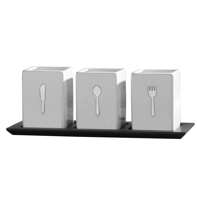 White Ceramic Flatware Caddy Set with Black Wood Tray