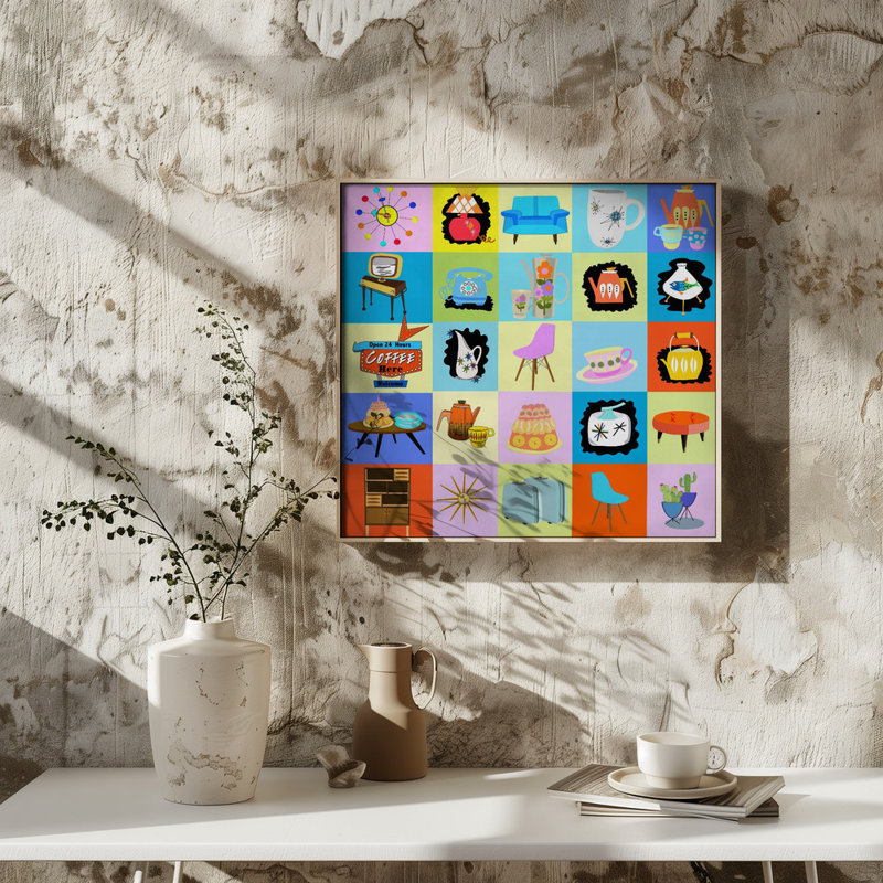 "Mid century pop", art mural texturé encadré, Noir, H 30 po x l 30 po