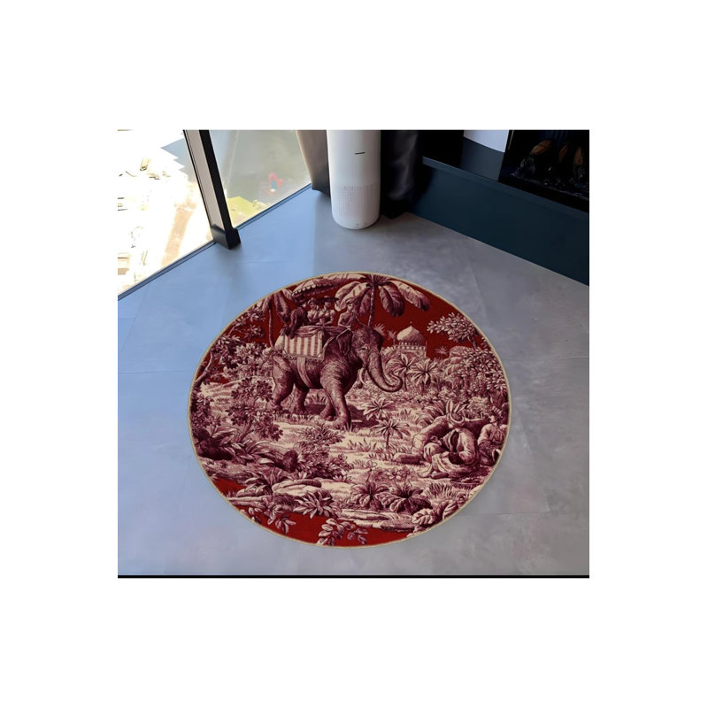 Burdy Tone Ancient Age Theme Elephant And People Patterned Round Woven Base Modern Decorative Carpet, Round 4'