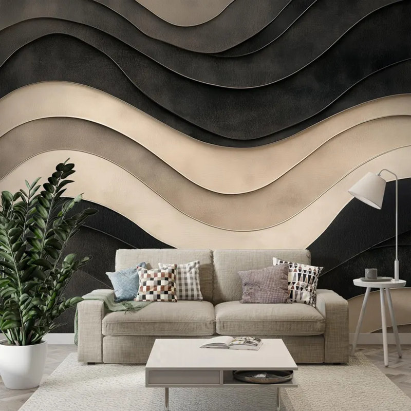 3D Black & Beige Layered Wave Wallpaper, 108" L x 96" W