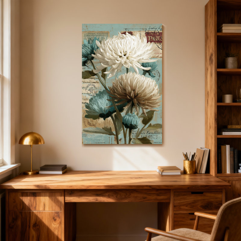 Plantes et fleurs, collage rétro floral sur fond texturé, H 16 po x l 24 po