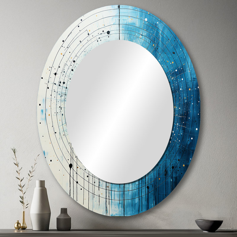 White Blue Minimalism Moon - Blue Modern Oval Wall Mirror, 43" x 33"