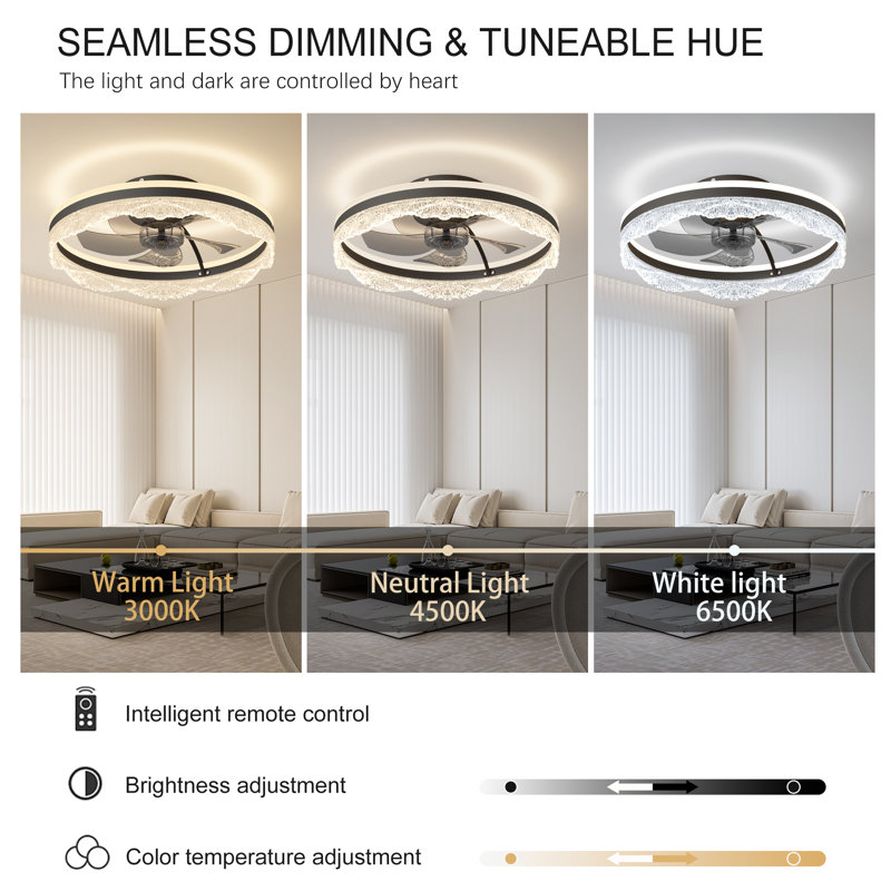 Black Crystal Ceiling Fan with Light and Remote, Modern Chandelier Style, 15.75" Wide