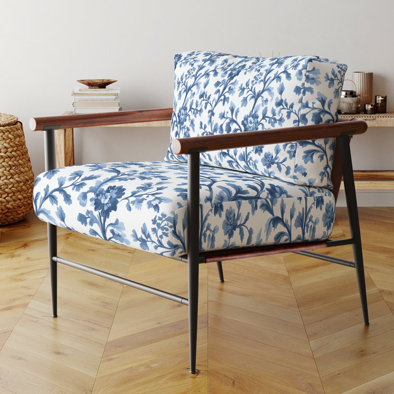 Chaise rembourrée Coastal - Fauteuil Blue Toile, Bras ronds bruns