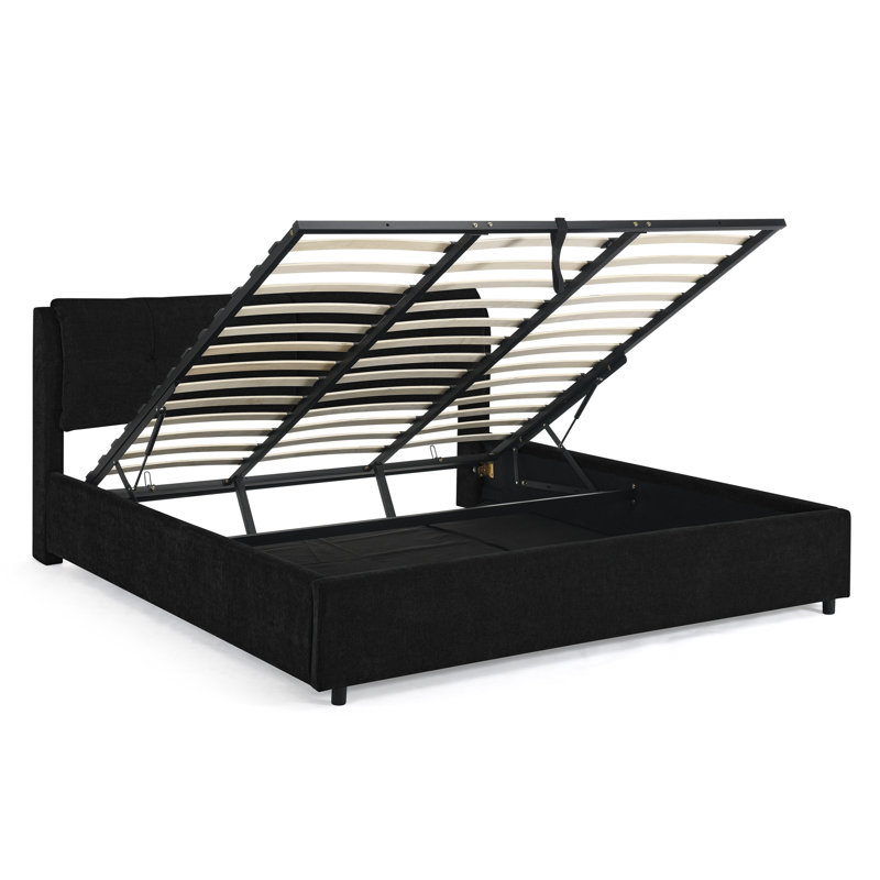 Lit plateforme tapissier hydraulique avec rangement, Très grand lit, Noir