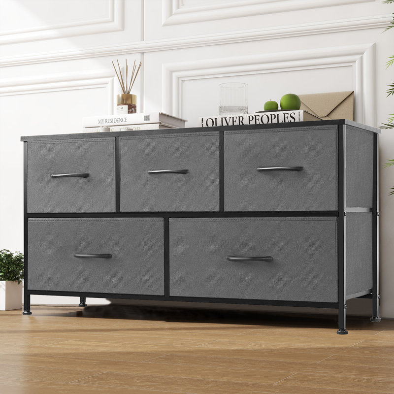 Commode 5 tiroirs pour chambre à coucher Berlina, commode large en tissu, rangement pour placard, couloir, Gris