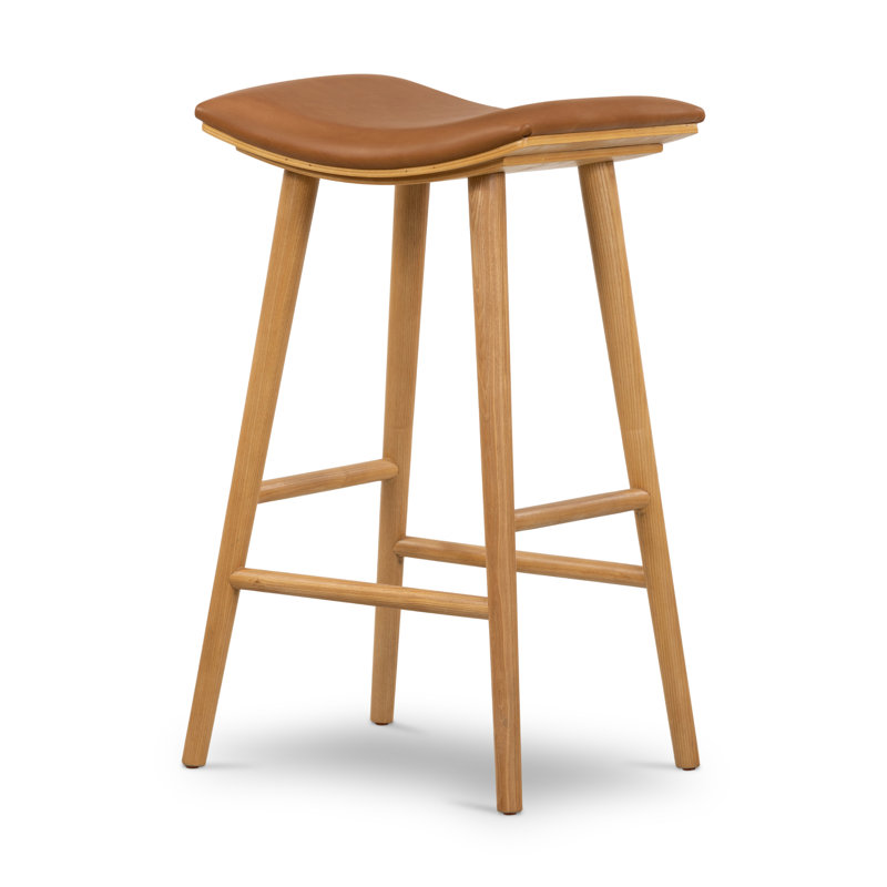 Union Wallis Belfast Solid Wood Stool, Bar Stool (30" Seat Height), Faux Leather - Sierra Butterscotch/Smoked Natural