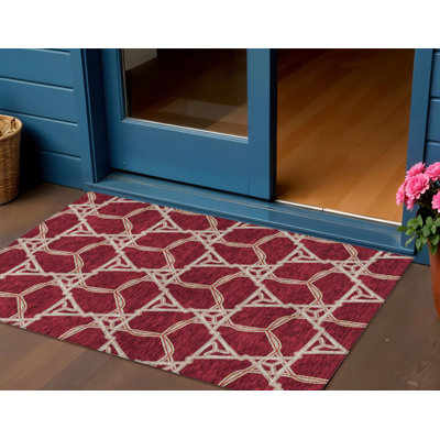 3' X 5' Burgundy And Gold Geometric Washable Indoor Outdoor Area Rug