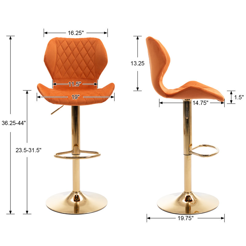 Orange Velvet Adjustable Swivel Bar Stools with Gold Base