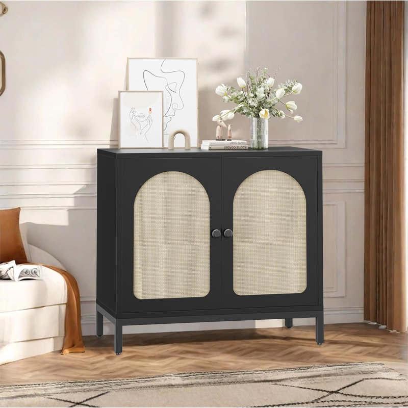 Buffet avec rangement, armoire d'appoint en rotin à deux portes avec arche sculptée, tablette réglable, console de buffet pour le salon, le couloir, la salle à manger, noir