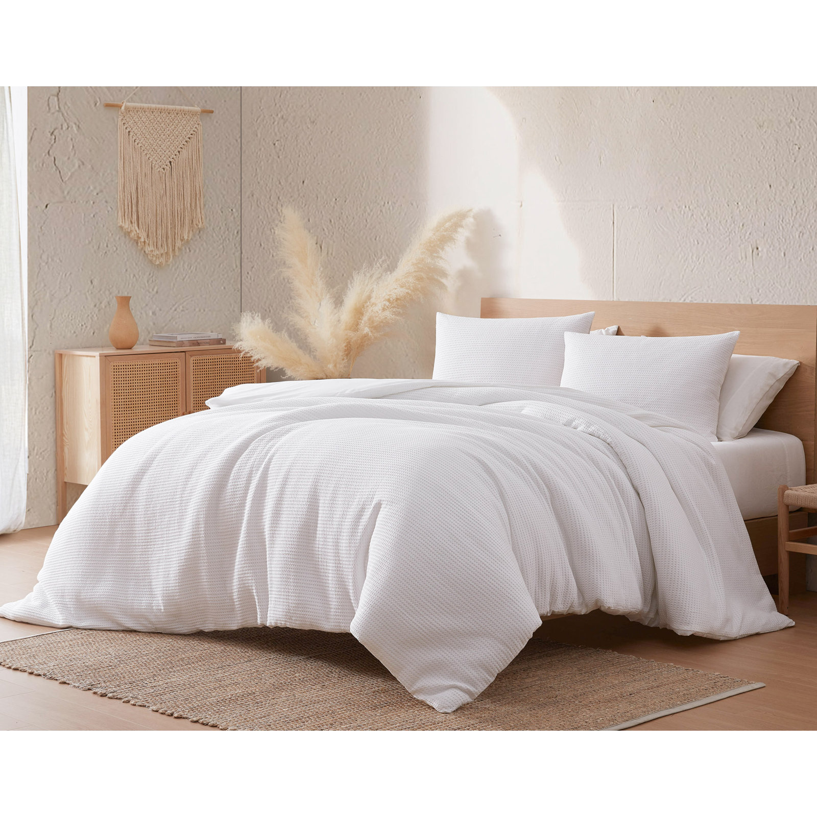 Cotton Waffle Duvet Cover Set, Queen Duvet Cover + 2 Queen Shams, White