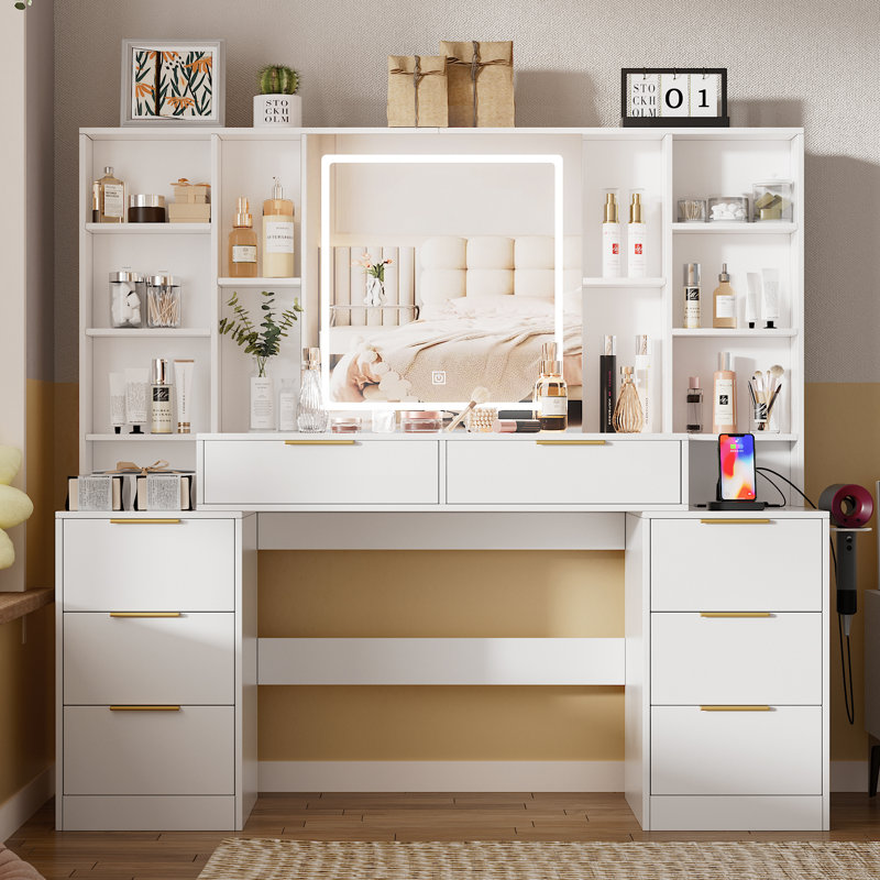 Large Makeup Vanity Desk With Lighted Mirror & Power Outlet,vanity Desk Dresser Table With 3 Lighting Modes Brightness Adjustable,drawers,shelves,hair Dryer Stand For Bedroom
