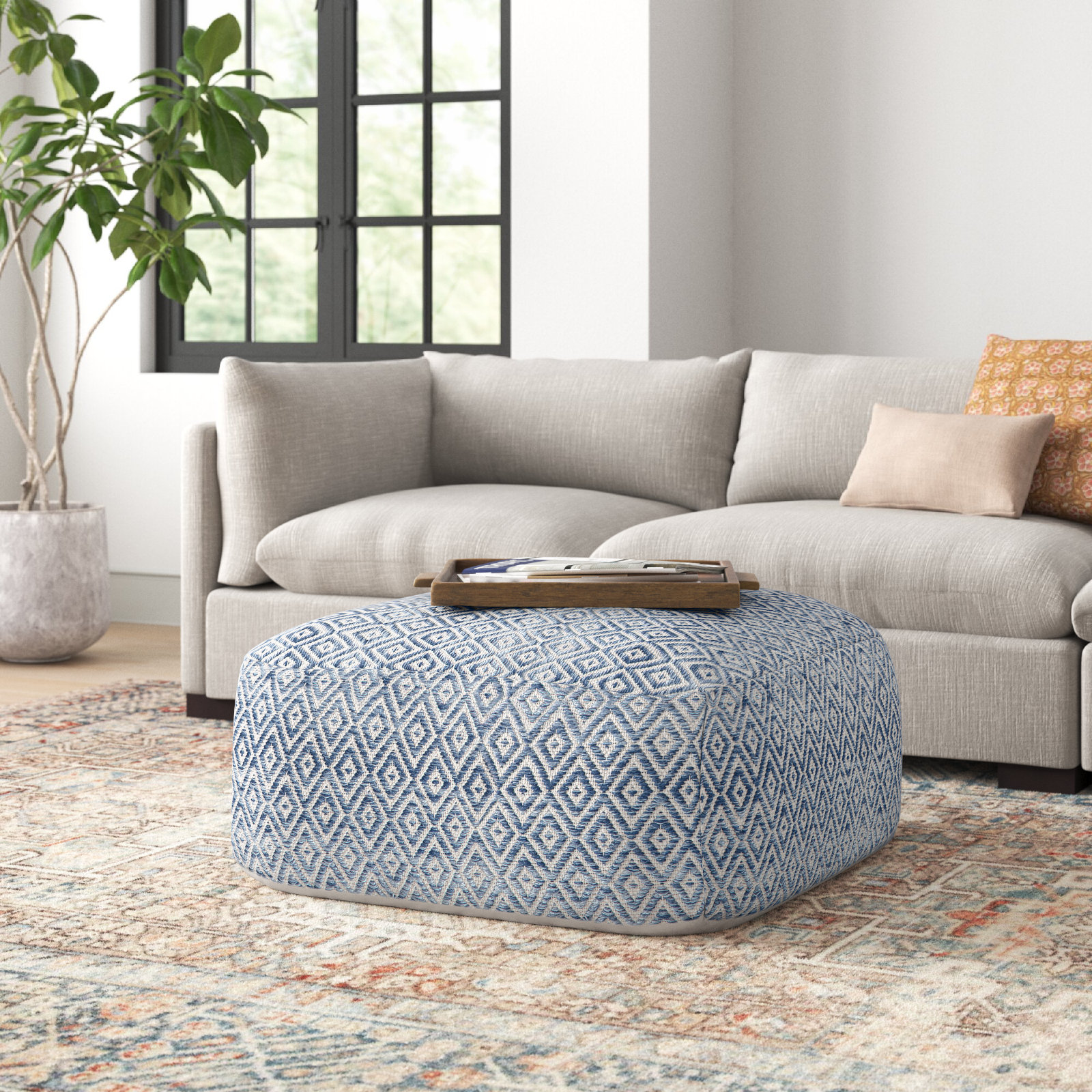 Iyanola 34'' Wide Square Geometric Pouf Ottoman, Beige/Blue