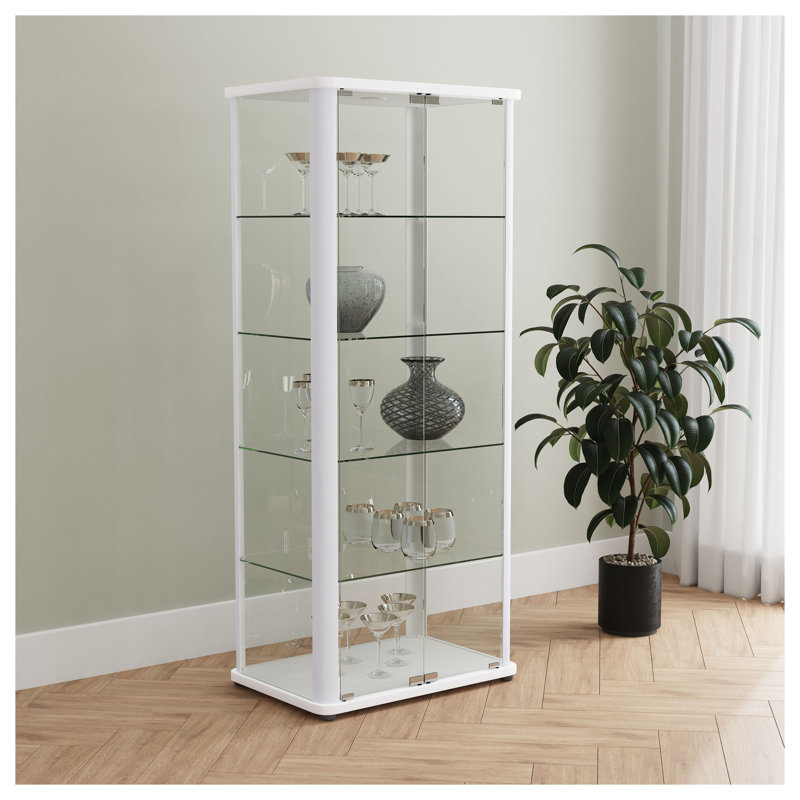 Vitrine Nevra blanche à 5 étagères avec éclairage DEL, portes en verre et étagères en verre trempé, idéale pour présenter vos produits dans votre salon.