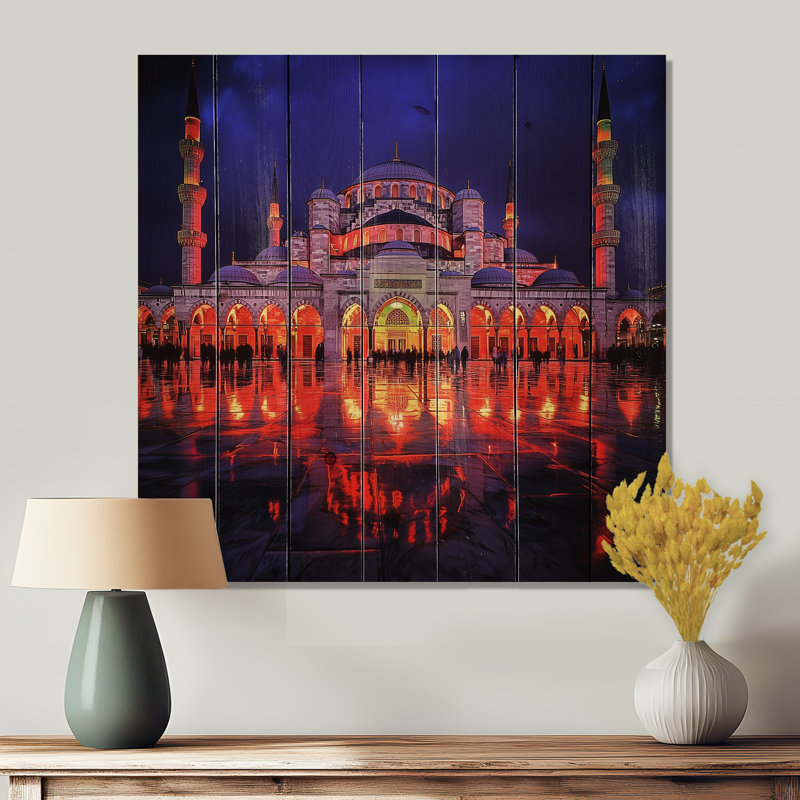 «Ottoman Mosques At Night», art mural sur bois de pin naturel, H 15 po x l 15 po