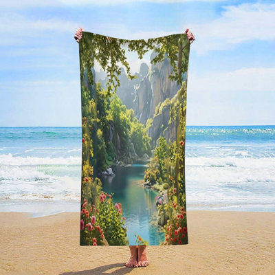 Woods Waterfall Stairs Oversized Microfiber Beach Towel,Sand Free Quick Dry Pool Towels,Lightweight Absorbent Bath Sheet for Travel Swim Vacation, 30 x 60 inAnd a complimentary Chinese-style canvas bag is included