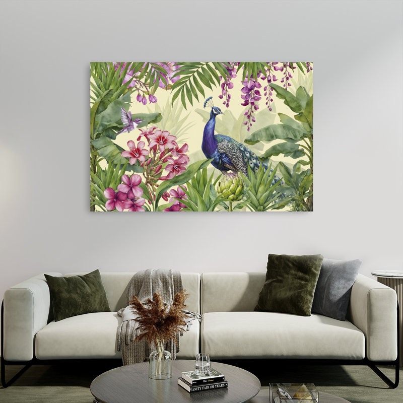 Tropical Peacock Paradise Colorful Vibrant Abstract Hummingbird Bird Nature Tropical Wall Art Print by Andrea Haase - Wrapped Canvas Print
