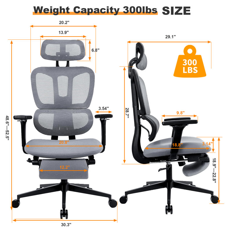 Office Chair with Headrest, Gray, Black