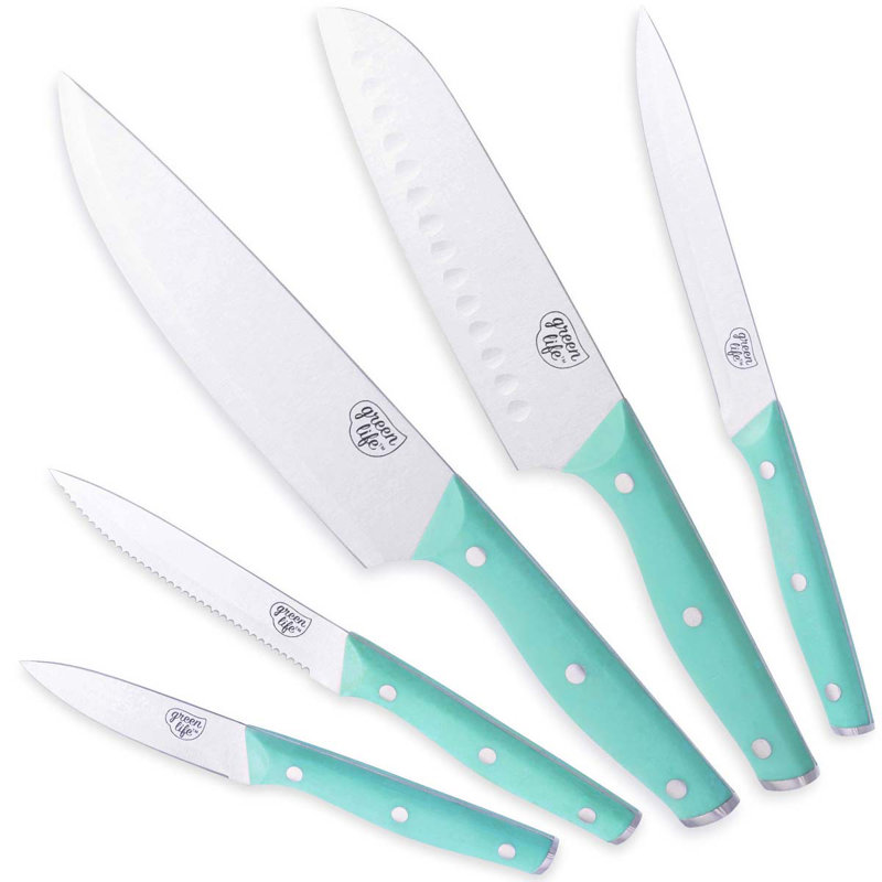 GreenLife High Carbon Stainless Steel 5 Piece Knife Set With Covers, Comfort Grip Handles