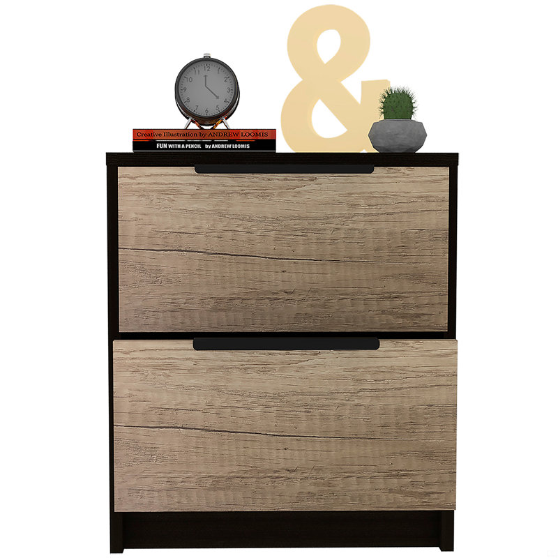 Nightstand, end table, side table two drawers, metal handle, Black/Natural