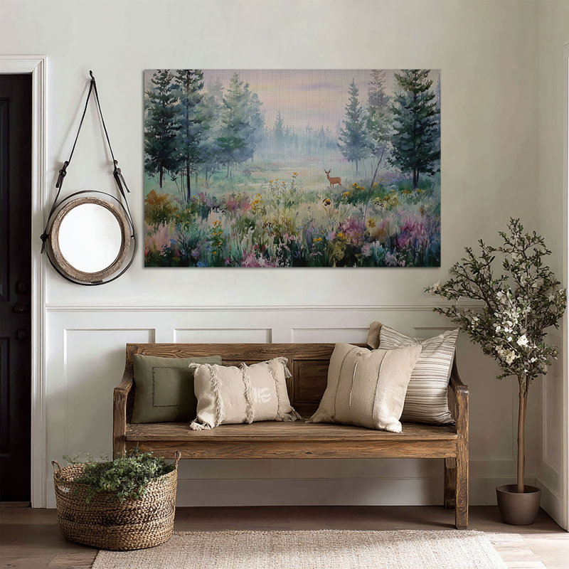 Art mural sur toile Misty Deer Meadow - Décoration de salon, de chambre à coucher ou de bureau, L 48 po x H 32 po