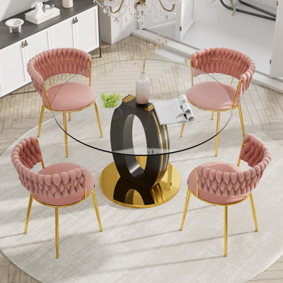 Ensemble de salle à manger à piédestal rond avec chaise de salle à manger en velours ciel