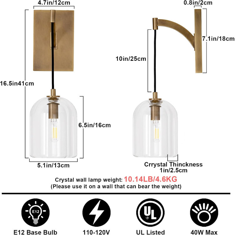Nishu 1 - Light Modern Crystal Wall Light, Hemisphere Wallchiere Wall Sconce(Bulb Included), Brass