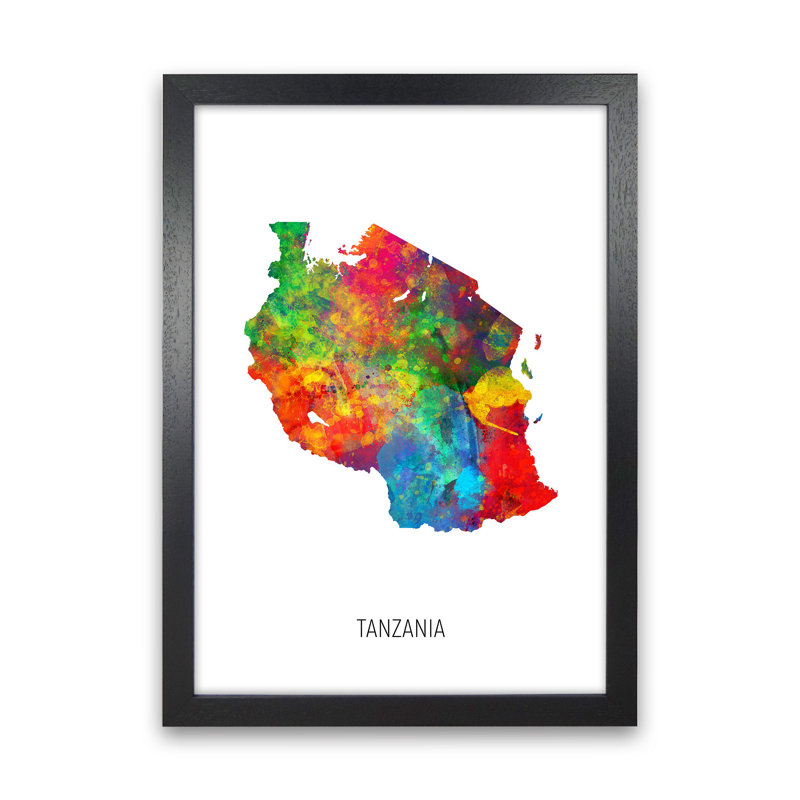 Tanzania Watercolour Map by Michael Tompsett - Print, Black Framed, 46cm H x 34cm W x 3cm D