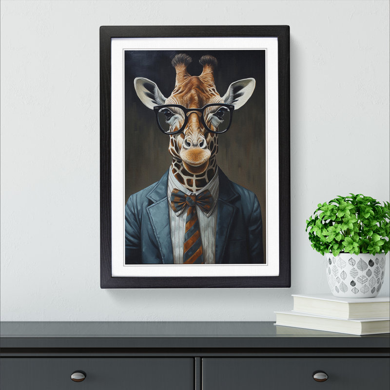Giraffe with Glasses Painting - Framed Print, Black Framed, 64cm H x 46cm W