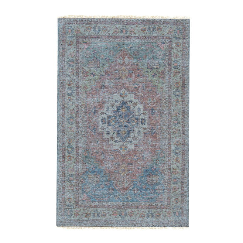 Tapis bleu traditionnel en laine tissé à la main Alandrea, Rectangle 6 pi x 9 pi