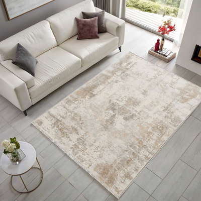 Cream Beige Vintage Look Cotton Chenille Oriental Kilim Non-Slip Cotton Base Kilim