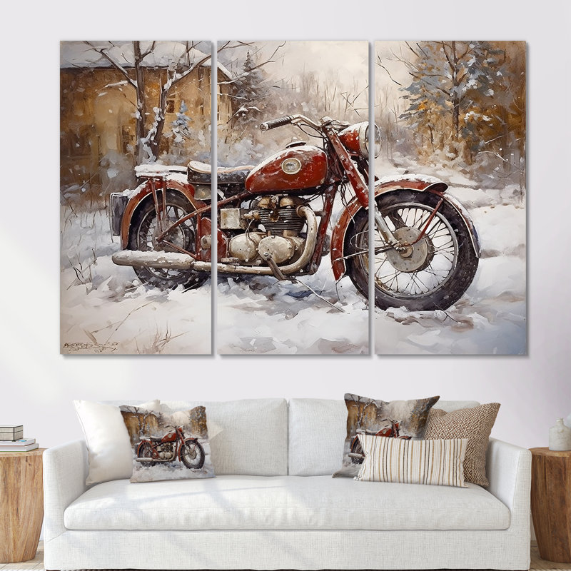 Red Rustic Bike In Winter - Ensemble de salon d'art mural moto, Toile tendue, H 32 po x l 48 po x P 1 po