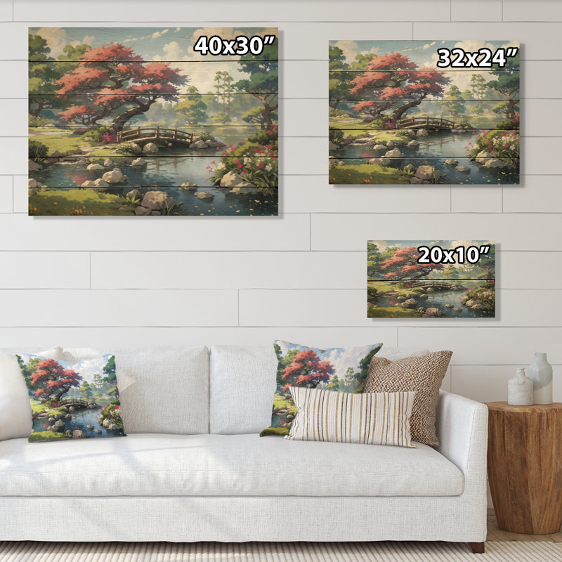 Paysage japonais du soleil levant II sur bois, H 10 po x l 20 po x P 0,78 po