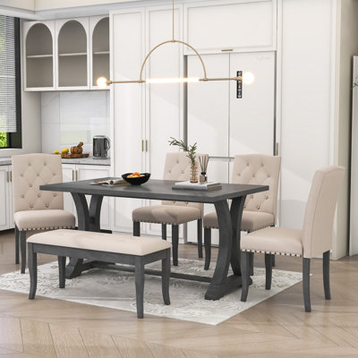 Tunnelhill 6-Piece Dining Set, Spacious Table with 4 Cushioned Chairs and Comfortable Bench