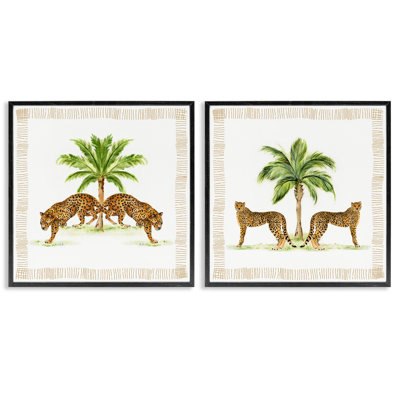 Symmetrical Leopards & Palm Trees 2 Piece Framed Giclee Art Set, design by Janet Tava
