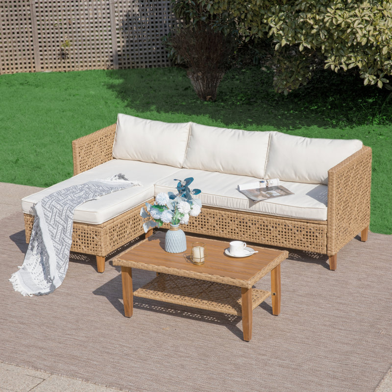 Ensemble de conversation d'extérieur en osier avec table basse en bois d'acacia, Beige