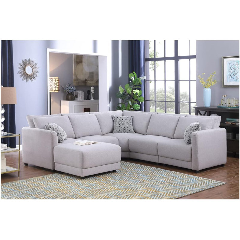 Canapé modulaire réversible en L en lin gris clair avec repose-pieds et coussins Latitude Run®