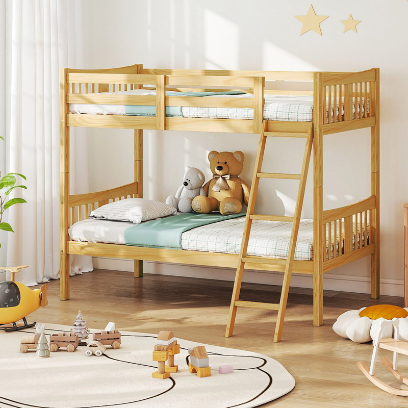 Twin over twin bunk bed with Ladder, Kids Solid Wood Modern Bed, Low-profile bottom bunk, No Box Spring Needed