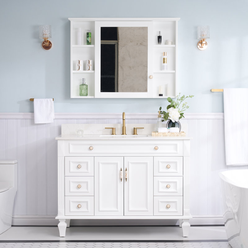 Elmmanual 35'' H X 48" W Solid Wood Bath Vanity with Stain-resistant Carrera White Quartz Top and Single Sink, White