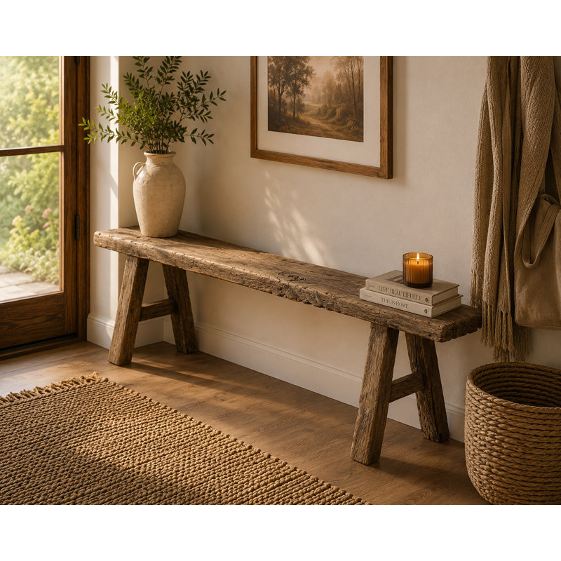 Lily's Living Vintage Noodle Bench, Weathered Natural Wood Finish , 20" H x 60" W x 5.5" D