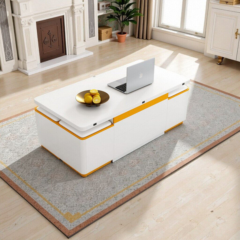 Table basse à plateau relevable multifonctionnel avec tabourets de rangement 47,2 po, Blanc