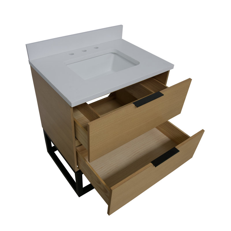 Meuble-lavabo simple avec plateau de meuble-lavabo simple 30 po Chibuzor, Blond, Blanc mat