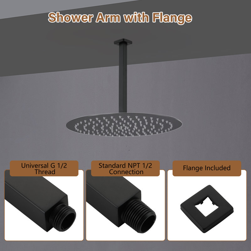 Square Shower Arm with Flange Cover, Matte Black