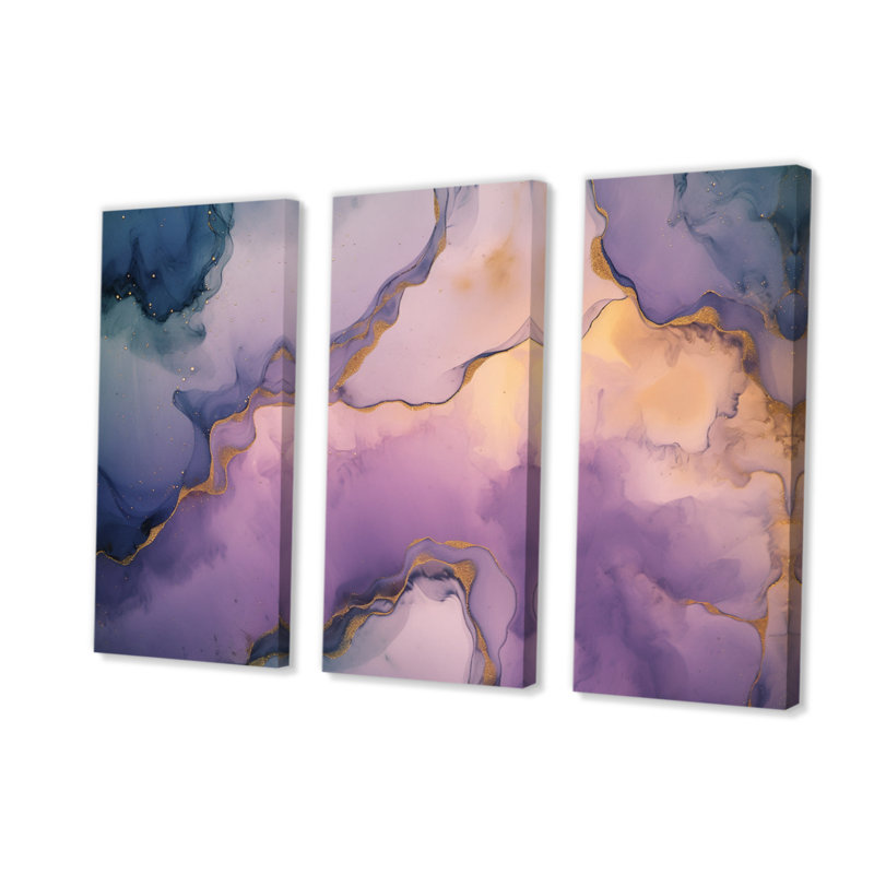 Mauve et gris marbré, nuages d'encre VI - impression sur toile tendue 3 pièces, H 28 po x l 36 po x P 1 po