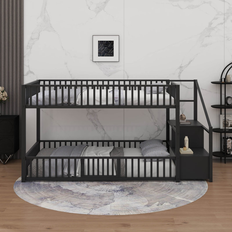 Metal Bunk Bed With Storage Ladder, Bunk Bed Frame With Guardrail, Black