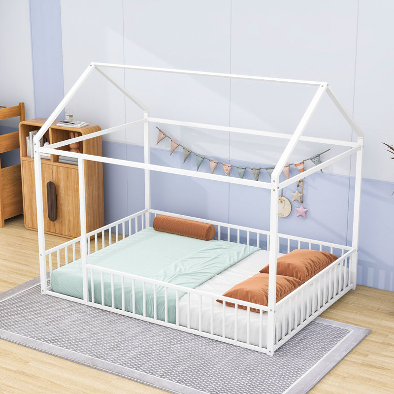 Metal Full House Floor Bed With Roof And Fence-Style Guardrails, White