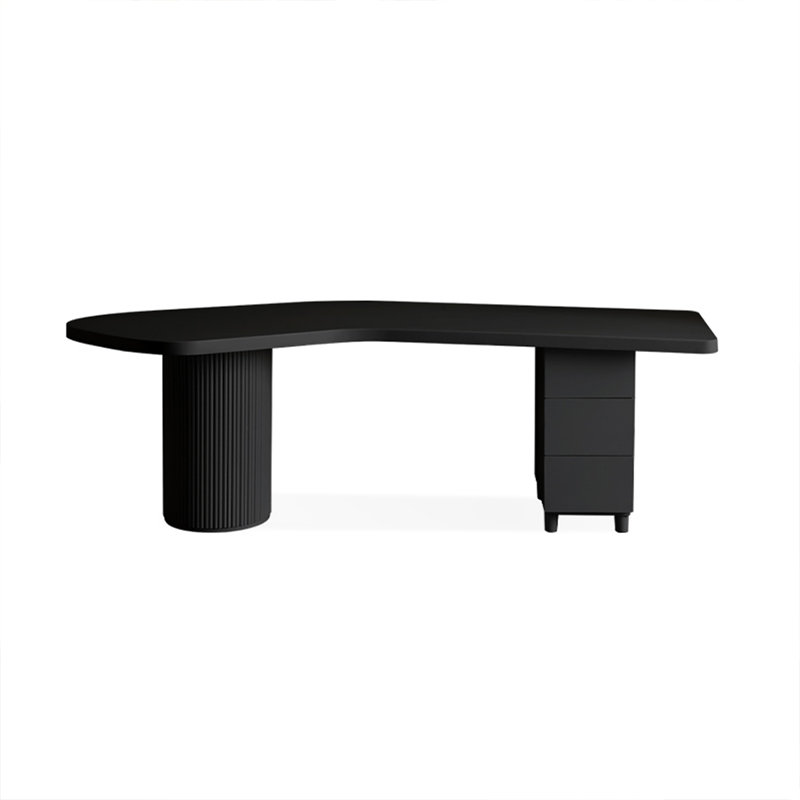Bureau courbé en bois massif noir avec 3 tiroirs, H 29,53 po x l 86,61 po x P 43,31 po, Noir