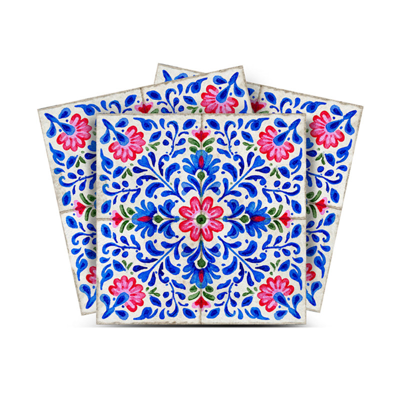 Carreau de mosaïque autocollant en vinyle à motif floral marocain bleu, rouge et vert, 12,7 x 12,7 cm
